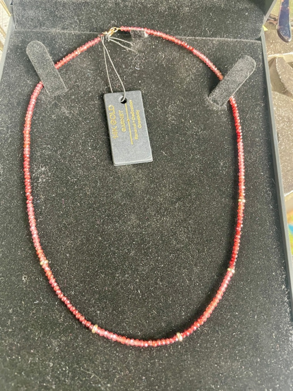 NWT 14k Solid Gold and Faceted Garnet Ombré Station Necklace. 16”